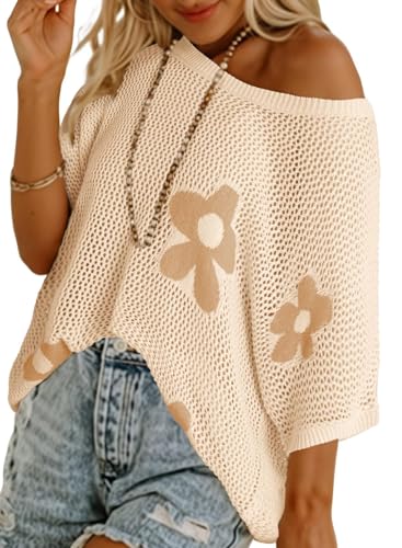 Chicrise Häkelpullover Damen Rundhals Oversize Strickpullover Blumen Cover Up Mesh Lechit lässig Aprikose Groß 42-44 von Chicrise