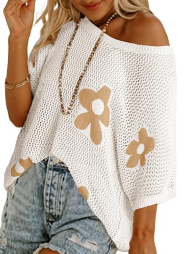 Chicrise Häkelpullover Damen Schulterfrei Rundhals Strickpullover Oversize Hakelnadel Cover Up Mesh Oberteil Lechit lässig Weiß Mittel 38-40 von Chicrise