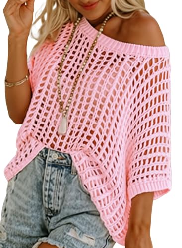 Chicrise Häkelshirt Freizeit Cover Up Kurze Ärmel Durchlöchern Hollow Out Strickpullover Luftige Rosa Groß 42-44 von Chicrise