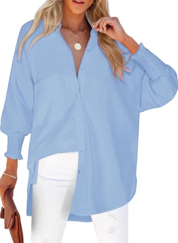 Chicrise Hemd Damen Gesmokte Manschetten V Ausschnitt Button Down Shirt Umlegekragen Lässig Top Herbst Mode Blau X Groß 46-48 von Chicrise
