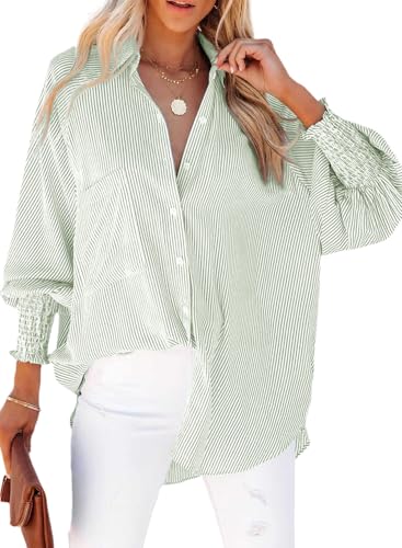 Chicrise Hemd Damen Gesmokte Manschetten V Ausschnitt Button Down Shirt Umlegekragen Lässig Top Herbst Mode Grün 3X Groß 56-60 von Chicrise
