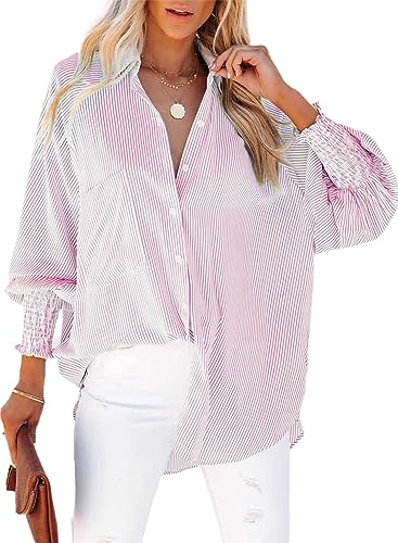 Chicrise Hemd Damen Gesmokte Manschetten V Ausschnitt Button Down Shirt Umlegekragen Lässig Top Herbst Mode Rosa 3X Groß 56-60 von Chicrise