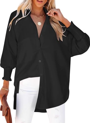 Chicrise Hemd Damen Gesmokte Manschetten V Ausschnitt Button Down Shirt Umlegekragen Lässig Top Herbst Mode Schwarz 3X Groß 56-60 von Chicrise