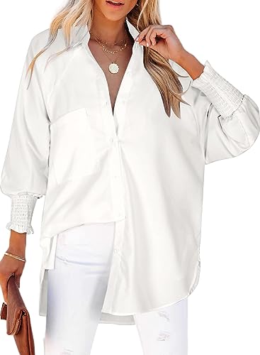 Chicrise Hemd Damen Gesmokte Manschetten V Ausschnitt Button Down Shirt Umlegekragen Lässig Top Herbst Mode Weiß 3X Groß 56-60 von Chicrise