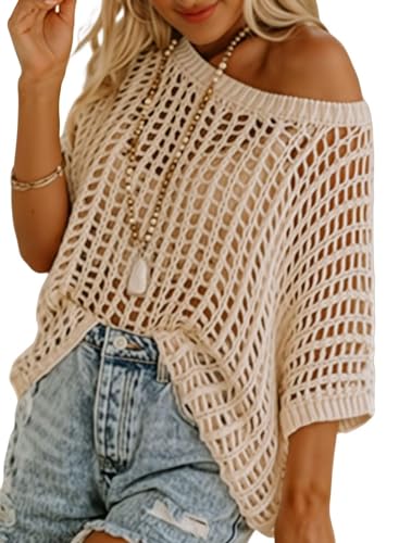 Chicrise Hollow Out Pulli Kurze Ärmel Rundhalsausschnitt Cover Up Luftige Fashion Bluse Aprikose L Groß 42-44 von Chicrise