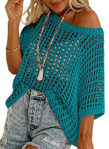 Chicrise Hollow Out Pulli Kurze Ärmel Rundhalsausschnitt Cover Up Luftige Fashion Bluse Grün 2X Groß 50-54 von Chicrise