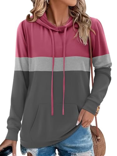 Chicrise Hoodie Damen Langarm Farbblock Rundhals Pullover Mit Taschen Kapuzenpullover Strick Lässig Rosa Grau Klein 34-36 von Chicrise