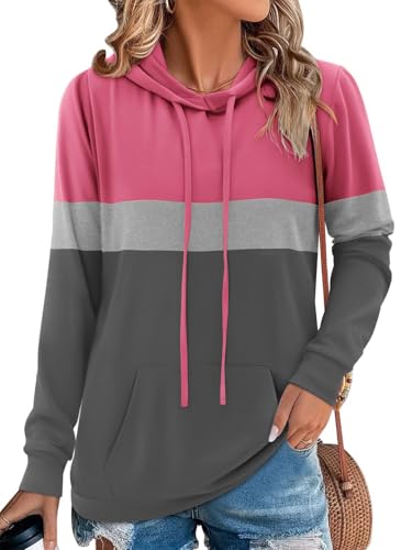Chicrise Hoodie Damen Rundhals Langarm Pullove Mit Taschen Loose Farbblock Lang Langarmshirt Winter Casual Rosa Grau X Groß 46-48 von Chicrise