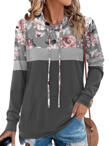 Chicrise Hoodies Damen Hoodie Rundhals Langärmelig Kapuzenpullover Gestrickt Farbblock Mit Taschen Tunika Rose Grau Groß 42-44 von Chicrise
