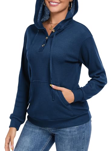 Chicrise Hoodies Damen Knopfleiste V Ausschnitt Langarm Pullover Waffel Mit Tasche Kapuzenpullover Strick Lässig Blau Mittel 38-40 von Chicrise