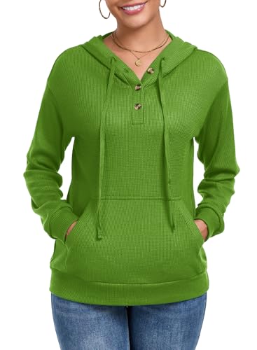 Chicrise Hoodies Damen Knopfleiste V Ausschnitt Langarm Pullover Waffel Mit Tasche Kapuzenpullover Strick Lässig Grün Mittel 38-40 von Chicrise