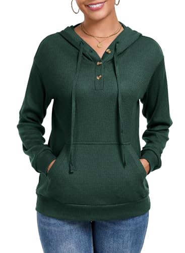 Chicrise Hoodies Damen Knopfleiste V Ausschnitt Langarm Pullover Waffel Mit Tasche Kapuzenpullover Strick Lässig Grün Mittel 38-40 von Chicrise