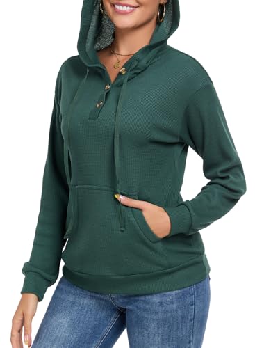 Chicrise Hoodies Damen Knopfleiste V Ausschnitt Langarm Pullover Waffel Mit Tasche Kapuzenpullover Strick Lässig Grün Mittel 38-40 von Chicrise