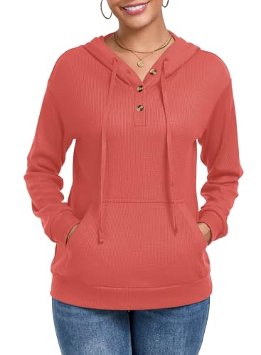 Chicrise Hoodies Damen Knopfleiste V Ausschnitt Langarm Pullover Waffel Mit Tasche Kapuzenpullover Strick Lässig Rot Mittel 38-40 von Chicrise