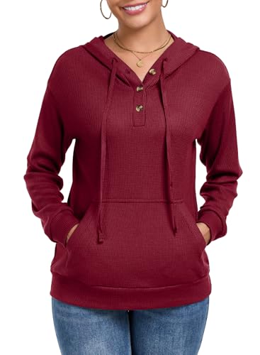 Chicrise Hoodies Damen Knopfleiste V Ausschnitt Langarm Pullover Waffel Mit Tasche Kapuzenpullover Strick Lässig Rot Mittel 38-40 von Chicrise