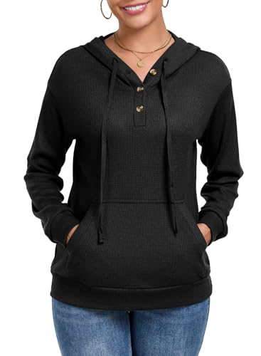 Chicrise Hoodies Damen Knopfleiste V Ausschnitt Langarm Pullover Waffel Mit Tasche Kapuzenpullover Strick Lässig Schwarz Mittel 38-40 von Chicrise