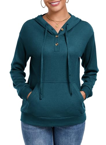 Chicrise Hoodies Damen V-Ausschnitt Knöpfe Kapuzenpulli Waffel Loose Mit Tasche Tunika Elegant Lässig Grün 2X Groß 50-54 von Chicrise