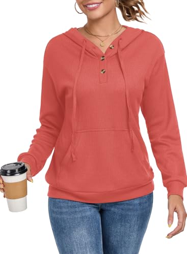 Chicrise Hoodies Damen V-Ausschnitt Knöpfe Kapuzenpulli Waffel Loose Mit Tasche Tunika Elegant Lässig Rot Klein 34-36 von Chicrise