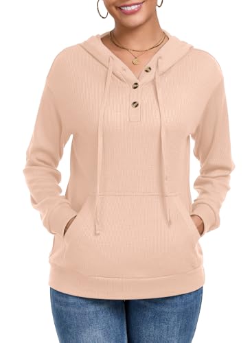Chicrise Hoodies Damen V-Ausschnitt Knöpfe Kapuzenpulli Waffel Loose Mit Tasche Tunika Elegant Lässig Rot X Groß 46-48 von Chicrise