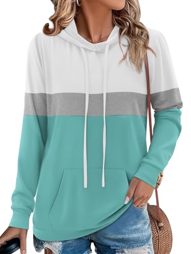 Chicrise Kapuzenpullover Damen Rundhalsausschnitt Pullover Strick Lässig Tunika Herbst Trendy Mode Weiß Blau 2X Groß 50-54 von Chicrise