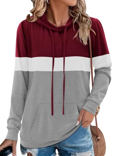 Chicrise Kapuzenpullover Für Damen Langarm Rundhals Strickpullover Mit Taschen Farbblock Strick Kleidung Weinrot Hellgrau 2X Groß 50-54 von Chicrise