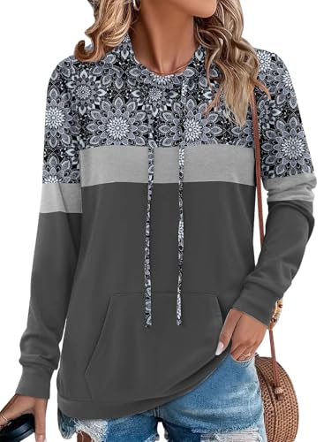Chicrise Kapuzenpullover Für Damen Langarm Rundhals Sweatshirt Mit Taschen Farbblock Strick Kleidung Boho Grau 2X Groß 50-54 von Chicrise