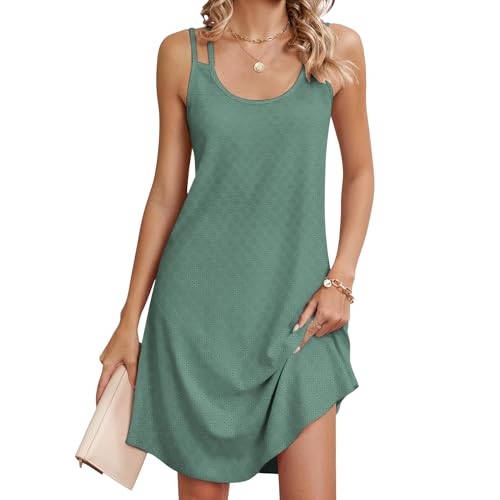 Chicrise Kleid Damen Elegant Ärmellos Ösenstickerei Sommerkleid Knielang Lässigen Lockere Schicke Spaghettiträger Strandkleid Damen Lochstickerei GrauGrün X Groß 46 von Chicrise
