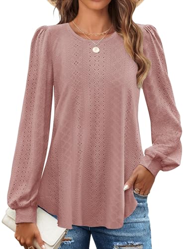 Chicrise Langarmshirt Damen Elegant Puffärmel Bluse Herbst Mesh Dünne Tunika Rundhals Modern Sassyclassy Grau Rosa Klein 34-36 S von Chicrise