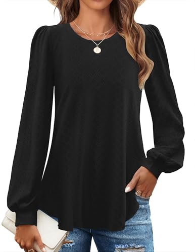 Chicrise Langarmshirt Damen Elegant Rundhals Bluse Herbst Puffärmel Lochstickerei Tunika Leicht Und Luftig Schwarz Groß 42-44 L von Chicrise
