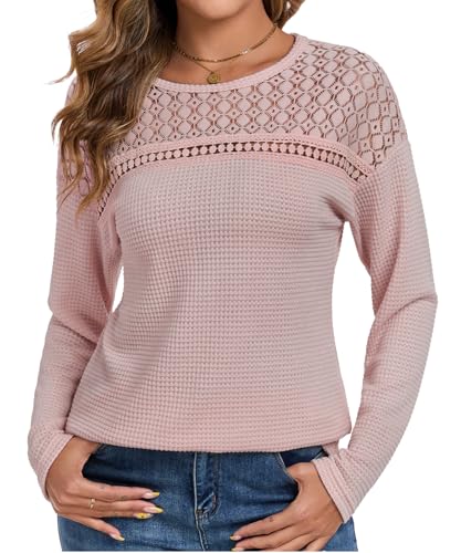 Chicrise Langarmshirt Damen Elegant Spitze Bluse Causual Rundhalsausschnitt Tunika Lange Ärmel Leicht Rosa Groß 42-44 von Chicrise
