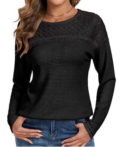 Chicrise Langarmshirt Damen Elegant Spitze Bluse Causual Rundhalsausschnitt Tunika Lange Ärmel Leicht Schwarz 2X Groß 50-54 von Chicrise