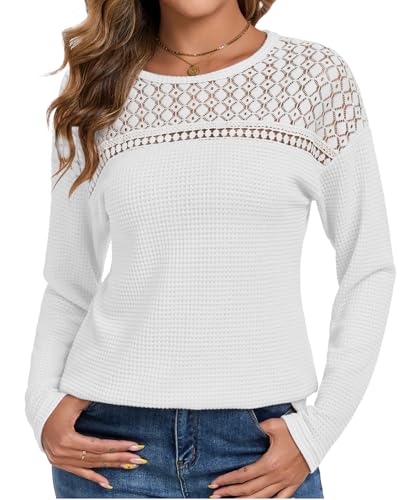 Chicrise Langarmshirt Damen Herbst Spitzen Oberteile Langarm Rundhals Casual Tshirt Elegant Häkel Weiß Mittel 38-40 von Chicrise