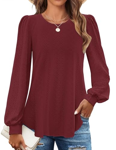 Chicrise Langarmshirt Damen Leicht Rundhals Bluse Puffärmel Herbst Pullover Warme Schicke Weinrot 2X-Groß 50-54 2XL von Chicrise