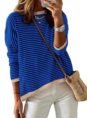 Chicrise Langarmshirt Damen Runde Ausschnitt Gestricktes 2025 Oberteile Gestreifter Pullover Trendy Gestreift Ap Groß 42-44 von Chicrise