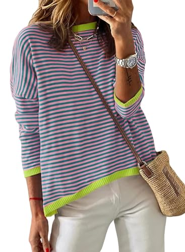 Chicrise Langarmshirt Damen Runde Ausschnitt Gestricktes 2025 Oberteile Gestreifter Pullover Trendy Rot-Grün Gestreift Groß 42-44 von Chicrise
