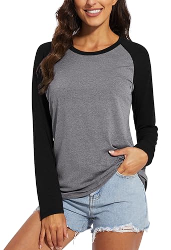 Chicrise Langarmshirt Damen Rundhals Langarm Raglan Pullover Basic Lässige Locker Oberteile Schwarz Grau Klein 34-36 von Chicrise