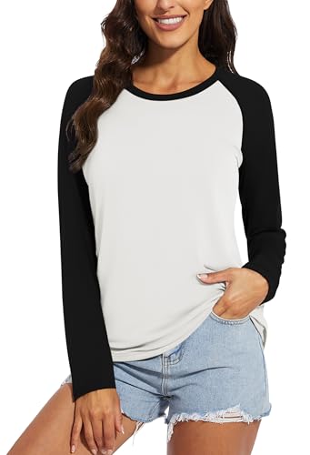 Chicrise Langarmshirt Damen Rundhals Langarm Raglan Pullover Basic Lässige Locker Oberteile Schwarz Weiß Klein 34-36 von Chicrise
