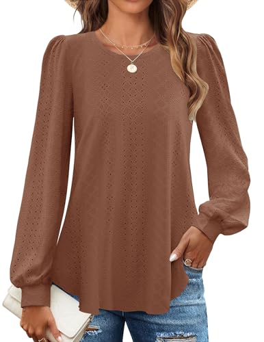 Chicrise Langarmshirt Damen Rundhals Leicht Tunika Puffärmel Elegant Pullover Langarm Lochstickerei Kaffee X-Groß 46-48 XL von Chicrise
