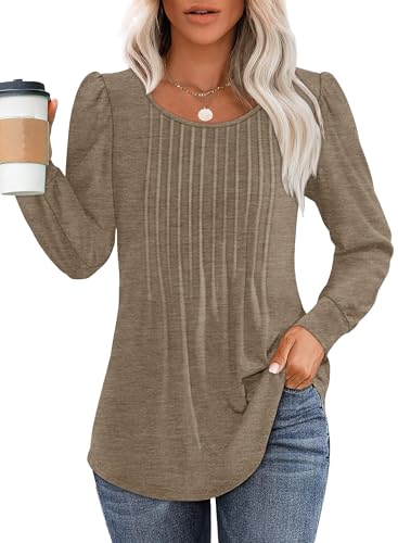 Chicrise Langarmshirt Damen Rundhals Puffärmel Tshirt Lang Plissee Lässig Herbst Damen Tunika Shirt Kaffeebraun 2X Groß 50-54 2XL von Chicrise