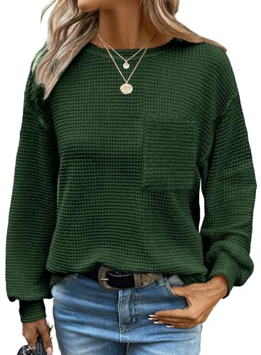 Chicrise Langarmshirt Damen Waffelstrick Rundhals Leichte Pullover mit Tasche Bluse Elegant Herbst Grün Klein 34-36 von Chicrise