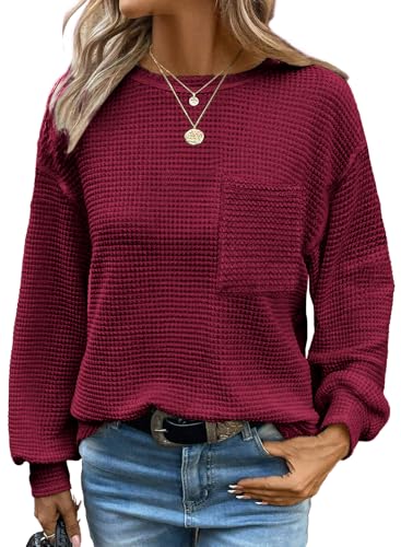 Chicrise Langarmshirt Damen Waffelstrick Rundhals Leichte Pullover mit Tasche Bluse Elegant Herbst Rot Mittel 38-40 von Chicrise