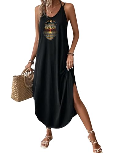 Chicrise Maxikleid Damen Lang Ärmellose Sommerkleid V-Ausschnitt Tank Spaghettiträger-Kleid Elegant Schwarz 2X Groß 50-54 von Chicrise