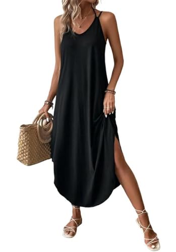 Chicrise Maxikleid Damen Lang Ärmellose Sommerkleid V-Ausschnitt Tank Strandkleid Elegant Schwarz Klein 34-36 von Chicrise
