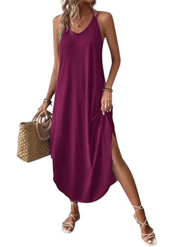 Chicrise Maxikleid Damen Lang Ärmellose Sommerkleid V-Ausschnitt Tank Strandkleid Elegant Violett 2X Groß 50-54 von Chicrise