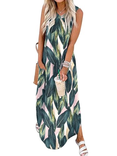 Chicrise Maxikleider Damen Sommer Ärmellos Strandkleid Lang Lässige jerseykleid mit Taschen elegant Mehrfarbig Mittel 38-40 von Chicrise