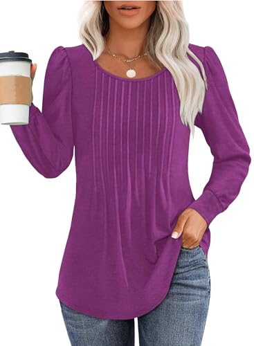 Chicrise Oberteil Damen 2024 Winter Rundhals Falten Basic Langarmshirt Puff Sleeve Locker Pullover Violett Klein 34-36 S von Chicrise