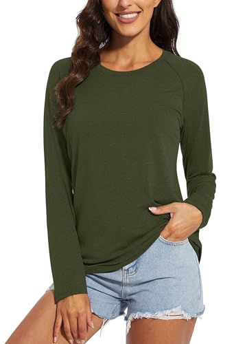 Chicrise Oberteile Damen Herbst Langarm Rundhals Basic Langarmshirt Einfarbig Leicht Lässig Bluse Armee Grün Mittel 38-40 von Chicrise