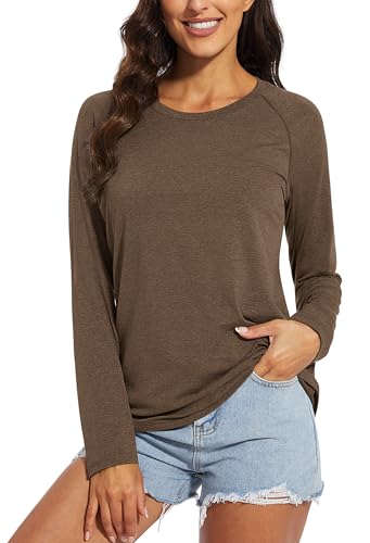 Chicrise Oberteile Damen Herbst Langarm Rundhals Basic Langarmshirt Einfarbig Leicht Lässig Bluse Braun Mittel 38-40 von Chicrise