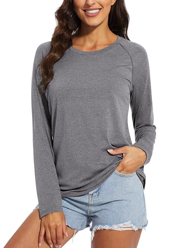 Chicrise Oberteile Damen Herbst Langarm Rundhals Basic Langarmshirt Einfarbig Leicht Lässig Bluse Grau Mittel 38-40 von Chicrise