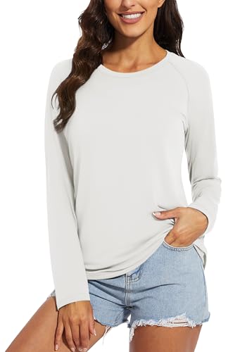 Chicrise Oberteile Damen Herbst Langarm Rundhals Basic Langarmshirt Einfarbig Leicht Lässig Bluse Weiß Mittel 38-40 von Chicrise